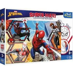 trefl puzzle dwustronne 24 el super maxi spiderman wyrusza do akcji 41006, zabawki Nino Bochnia, puzzle maxi, puzzle do malowania