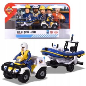 Simba strażak sam policyjny quad z łodzią, zabawki Nino Bochnia, pomysł na prezent dla 4 latka. mały samochodzik metalowy do rączki strażak sam