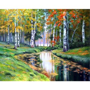 malowanie po numerach las brzozowy nad rzeką, zabawki Nino Bochnia, obraz do malowania na płótnie z widokiem na las