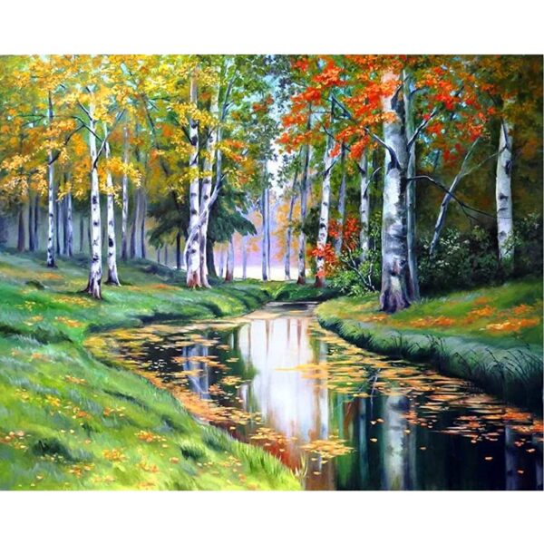malowanie po numerach las brzozowy nad rzeką, zabawki Nino Bochnia, obraz do malowania na płótnie z widokiem na las