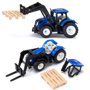 siku 1544 traktor new holland z widłami i paletami, zabawki Nino Bochnia, metalowy traktorek, niebieski traktor z paletą i widłami