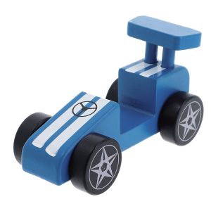 Trefl zabawka drewniana samochodzik niebieska wyścigówka 61697, zabawki Nino Bochnia, drewniany samochodzik wyścigowy, niebieska wyścigówka