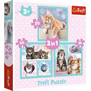 trefl puzzle 3w1 słodkie zwierzaki 34862, zabawki Nino Bochnia, pomysł na prezent dla 3 latka, puzzle z kotami, słodkie kotki puzzle