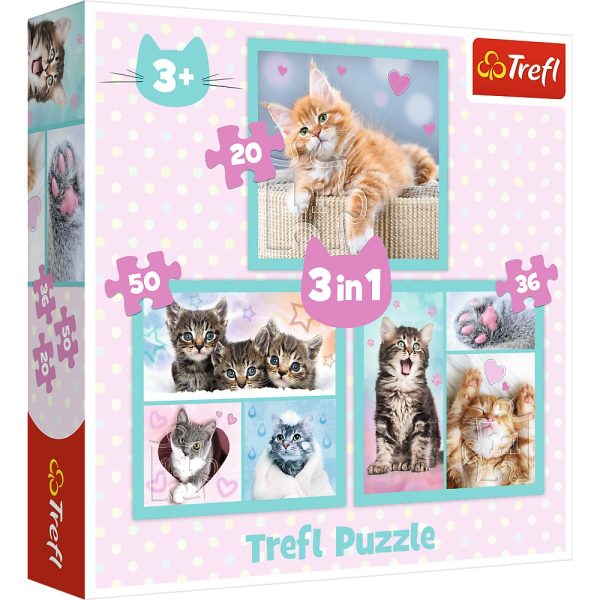 trefl puzzle 3w1 słodkie zwierzaki 34862, zabawki Nino Bochnia, pomysł na prezent dla 3 latka, puzzle z kotami, słodkie kotki puzzle