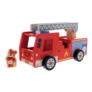 trefl zabawka drewniana auto straż pożarna 61700, zabawki Nino Bochnia, pomysł na prezent dla 2 latka, drewniany wóz strażacki, drewniana straż pożarna, wóz strażacki z ruchomą drabiną