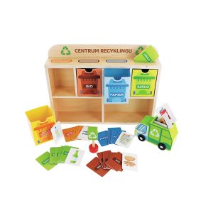 trefl zabawka drewniana centrum recyklingu 61519, zabawki Nino Bochnia, pomysł na uczenie dziecka jak się segreguje śmieci, nauka recyklingu dla dzieci, nauka jak segregować śmieci na wesoło
