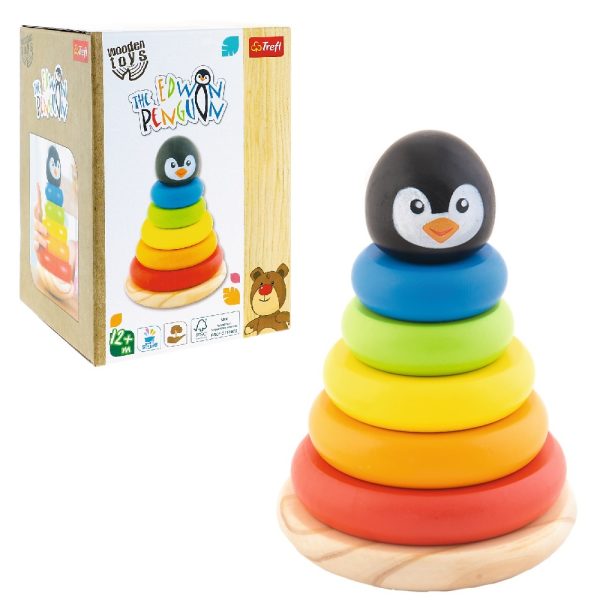 trefl zabawka drewniana piramidka pingwinek 61688, zabawki Nino Bochnia, drewniana piramidka, piramidka do nauki kolorów
