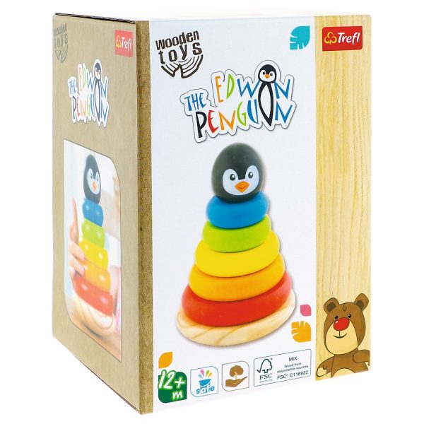 trefl zabawka drewniana piramidka pingwinek 61688, zabawki Nino Bochnia, drewniana piramidka, piramidka do nauki kolorów