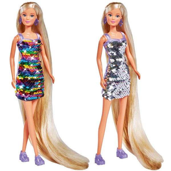 Simba steffi love lalka steffi długowłosa w cekinowej sukience, zabawki Nino Bochnia, pomysł na prezent dla 4 latki, lalka barbie w cekinowej sukience, zmieniająca się sukienka barbie