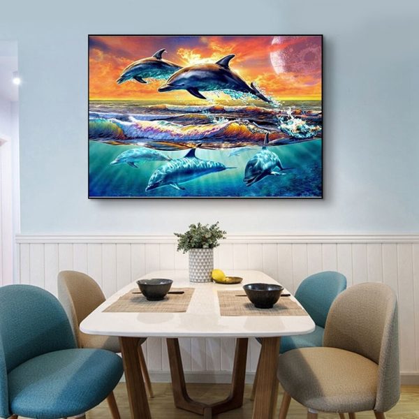 malowanie po numerach delfiny w morzu, zabawki Nino Bochnia, obraz do malowania na płótnie