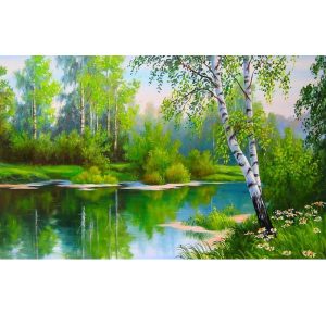 malowanie po numerach jezioro w wiosennym lesie, zabawki Nino Bochnia, obraz do malowania na płótnie