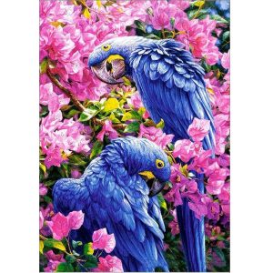 malowanie po numerach papugi fioletowe w kwiatach, zabawki Nino Bochnia, obraz do malowania na płótnie
