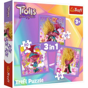 trefl puzzle 3w1 trolls poznaj wesołe trolle 34870, zabawki Nino Bochnia, puzzle dla 3 latki, puzzle dla dziewczynki z trollami