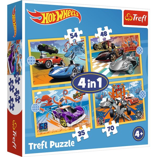 trefl puzzle 4w1 pojazdy hot wheels 34627, zabawki Nino Bochnia, puzzle dla 4 latka, puzzle z samochodami Hot wheels