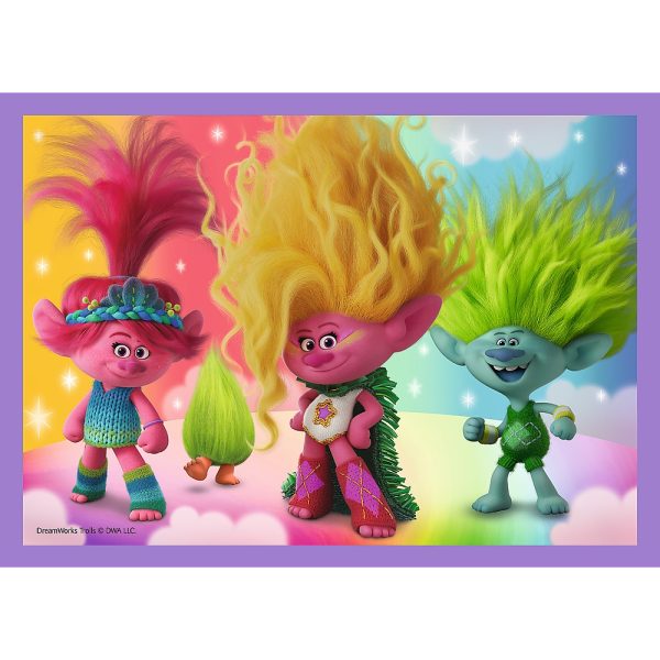 trefl puzzle 4w1 trolls przygody kolorowych trolli 34622, zabawki Nino Bochnia, puzzle 4w1, puzzle dla 4 latki z trollami