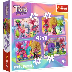 trefl puzzle 4w1 trolls przygody kolorowych trolli 34622, zabawki Nino Bochnia, puzzle 4w1, puzzle dla 4 latki z trollami