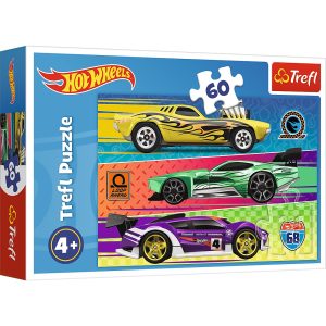 trefl puzzle 60 el wyścig hot wheels 17389, zabawki nino Bochnia, puzzle dla 4 latka z samochodami, puzzle hot wheels