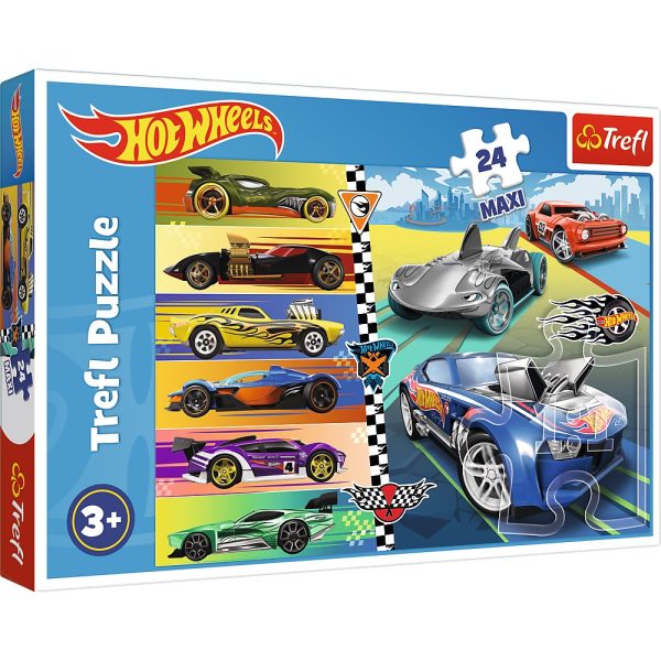 trefl puzzle maxi 24 el szybkie hot wheels 14362, puzzle dla 3 latka, maxi puzzle z samochodami, zabawki Nino Bochnia