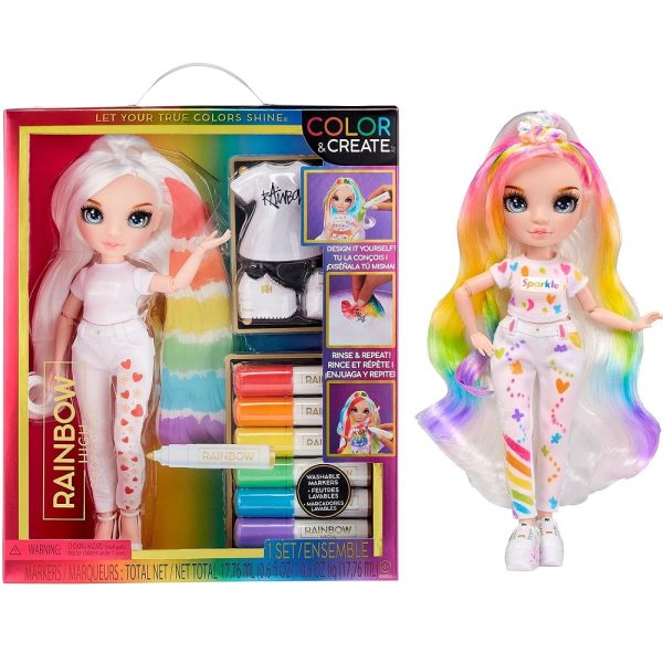 MGA Lalka Rainbow High color create lalka z niebieskimi oczami 594123, zabawki Nino Bochnia, lalka rainbow high do kolorowania pisakami, koloruj i zmyj lalkę