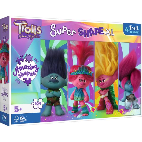 trefl puzzle super shape xxl 104 el trolls zabawy z trollami 50037, zabawki Nino Bochnia, puzzle 104 elementy z trollami, puzzle o różnych kształtach