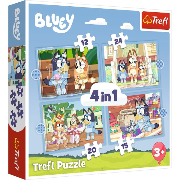 trefl puzzle 3w1 bluey i jego świat 34637, zabawki Nino Bochnia, puzzle trefl, puzzle dla 3 latka, puzzle z Bluey, puzzle z pieskiem