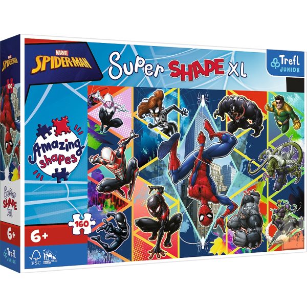 trefl puzzle super shape xl 160 el spiderman dołącz do spidermana 50024, zabawki Nino Bochnia, pomysł na prezent dla chłopca, puzzle 160 el Spiderman, puzzle o różnych kształtach