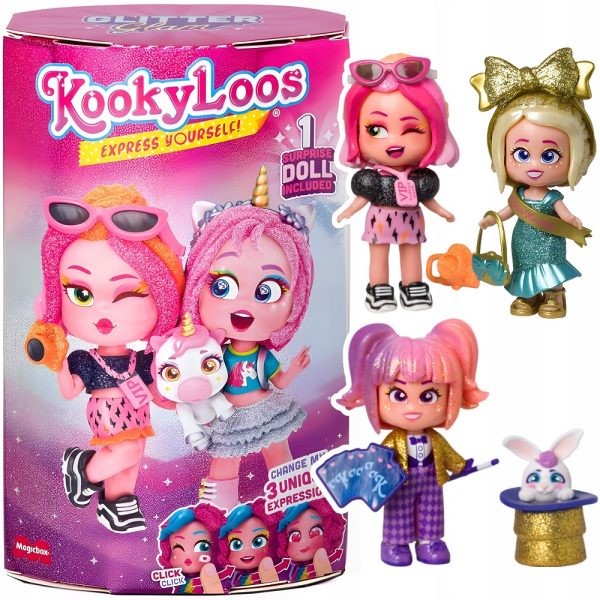 magicbox kookyloos lalka laleczka niespodzianka glitter glam, zabawki Nino Bochnia, pomysł na prezent dla 6 latki, kookyloos z brokatem, laleczka zmieniająca twarz