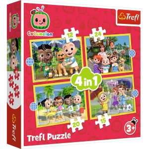 trefl puzzle 4w1 cocomelon poznaj bohaterów 34647, puzzle 4w1, puzzle cocomelon, puzzle dla 3 latka