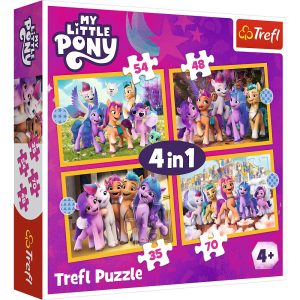trefl puzzle 4w1 my little pony poznaj kucyki pony 34624, zabawki Nino Bochnia, pomysł na prezent dla 4 latki, puzzle z konikami pony 4 układanki