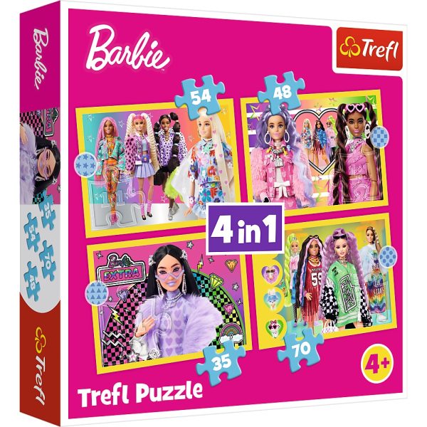 trefl puzzle 4w1 wesoły świat barbie 34626, zabawki Nino Bochnia, puzzle barbie 4 układanki