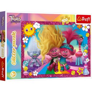 trefl puzzle brokatowe 100 el trolls błyszczące trolle 14829, zabawki Nino Bochnia, puzzle z brokatem dla dziewczynki
