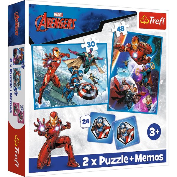 trefl puzzle 2w1 puzzle memory avengers bohaterowie w akcji 93333, zabawki Nino Bochnia, pomysł na prezent dla 3 latka, puzzle i memory gra pamięć z avengersami