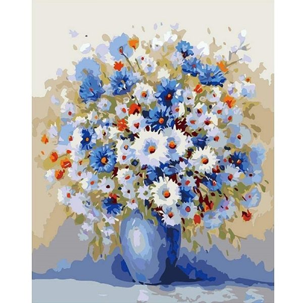 diamentowa mozaika Diamond painting haft diamentowy bukiet niebieskich kwiatów, zabawki Nino Bochnia, obraz do wyklejania z cekinów