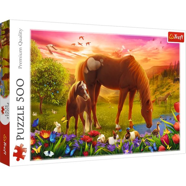 trefl puzzle 500 el konie na łące 37451, zabawki Nino Bochnia, puzzle z konikami, konie pasące się na łące puzzle 500 elementów
