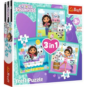 trefl puzzle 3w1 koci domek Gabi aktywności Gabi 34871, zabawki Nino Bochnia, pomysł na prezent dla 4 latki, puzzle z Gabi