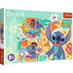 trefl puzzle maxi 24 el wesoły dzień lilo i Stitch 14365, zabawki Nino, pomysł na prezent dla 3 latki, puzzle z dużymi elementami
