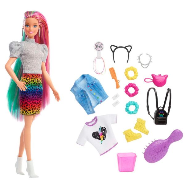 Mattel Lalka Barbie fryzura kolorowa panterka GRN81, zabawki Nino Bochnia, pomysł na prezent dla 5 latki, lalka barbie z możliwością stylizacji włosów ,