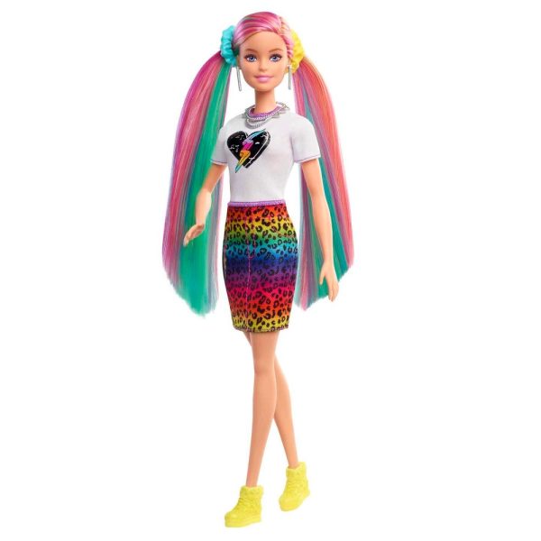 Mattel Lalka Barbie fryzura kolorowa panterka GRN81, zabawki Nino Bochnia, pomysł na prezent dla 5 latki, lalka barbie z możliwością stylizacji włosów ,