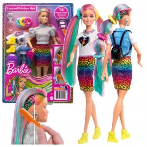Mattel Lalka Barbie fryzura kolorowa panterka GRN81, zabawki Nino Bochnia, pomysł na prezent dla 5 latki, lalka barbie z możliwością stylizacji włosów , lalka barbie z akcesoriami