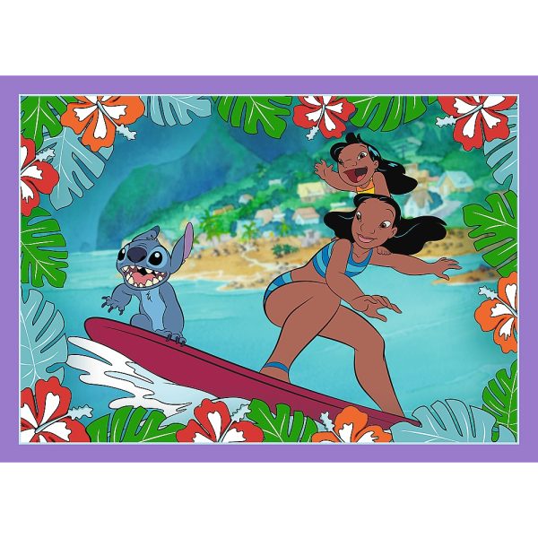 trefl puzzle 4w1 Lilo i Stitch Szalony dzień 34633, zabawki Nino Bochnia, pomysł na prezent dla 4 latki, puzzle zawierające 4 obrazki z Lilo i Stitch