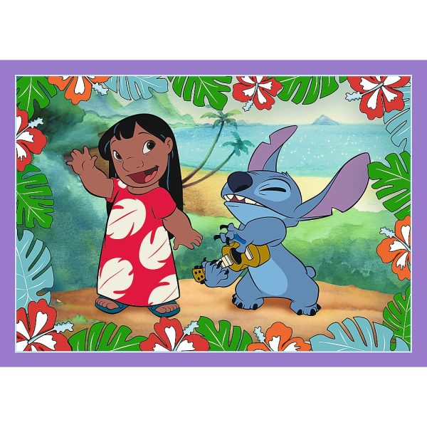 trefl puzzle 4w1 Lilo i Stitch Szalony dzień 34633, zabawki Nino Bochnia, pomysł na prezent dla 4 latki, puzzle zawierające 4 obrazki z Lilo i Stitch