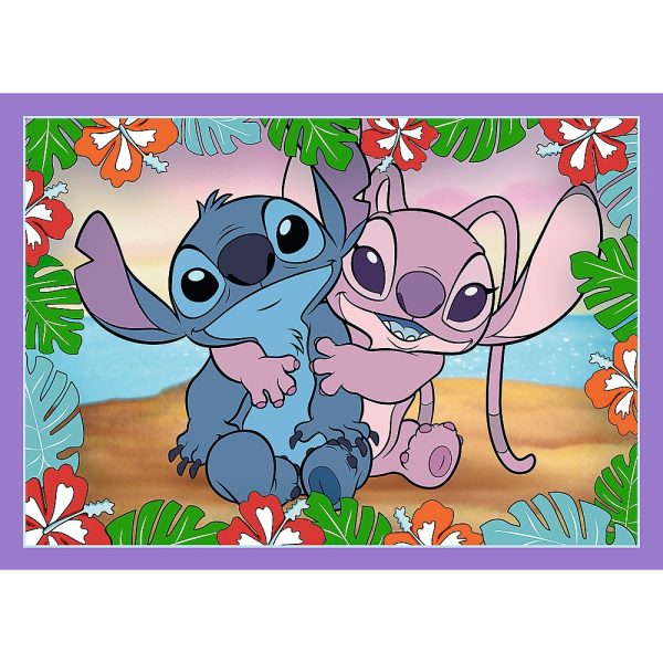 trefl puzzle 4w1 Lilo i Stitch Szalony dzień 34633, zabawki Nino Bochnia, pomysł na prezent dla 4 latki, puzzle zawierające 4 obrazki z Lilo i Stitch