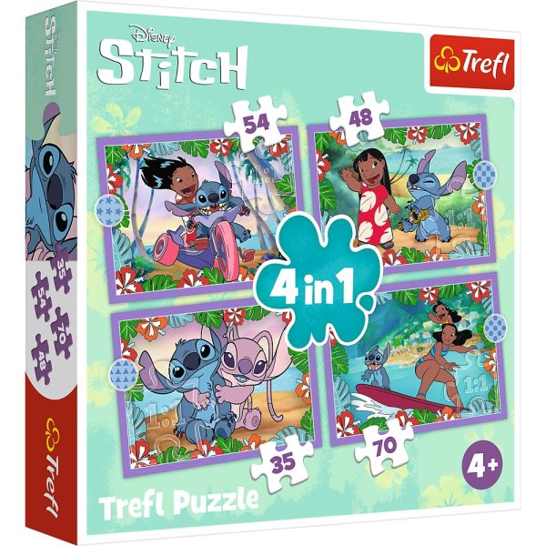 trefl puzzle 4w1 Lilo i Stitch Szalony dzień 34633, zabawki Nino Bochnia, pomysł na prezent dla 4 latki, puzzle zawierające 4 obrazki z Lilo i Stitch