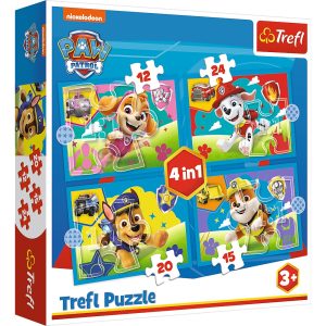 trefl puzzle 4w1 Psi Patrol biegnące pieski 34628, zabawki Nino Bochnia, pomysł na prezent dla 3 latka, puzzle z pieskami z psiego patrolu