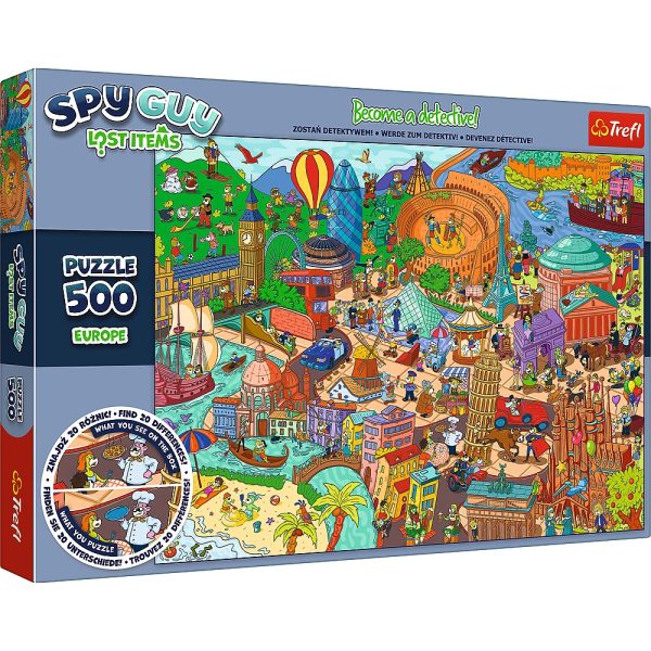 Trefl puzzle 500 el spy guy lost items Europa 37481, zabawki Nino Bochnia, pomysł na prezent dla 9 latki, puzzle z poszukiwaniem różnic