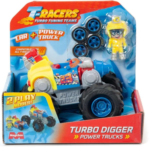 Magic box t-racers Power Trucks Turbo Digger pojazd 2w1, zabawki Nino Bochnia, pomysł na prezent dla 5 latka, t racers samochodzik z figurką