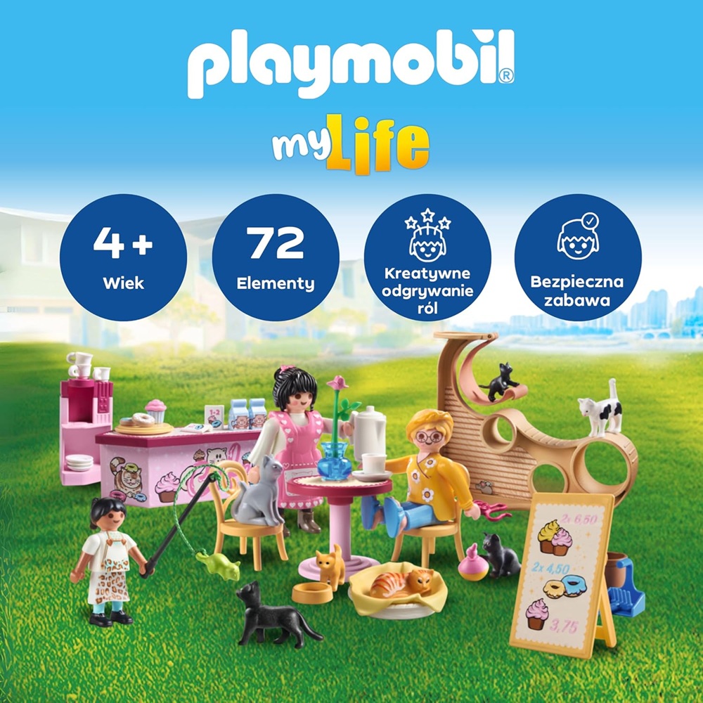 Playmobil My Life 71744 Kocia kawiarnia, zabawki nino Bochnia, pomysł na prezent dla 5 latki, zestaw z kotami, playmobil kocia kawiarnia