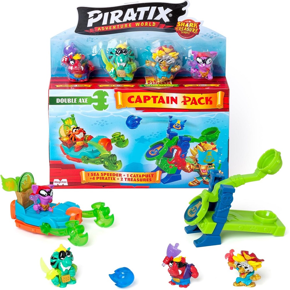 Magic Box Piratix Shark Treasure Captain Pack, zabawki nino Bochnia, pomysł na prezent dla 4 latka, piratix zestaw 4 figurek pojazd i katapulta
