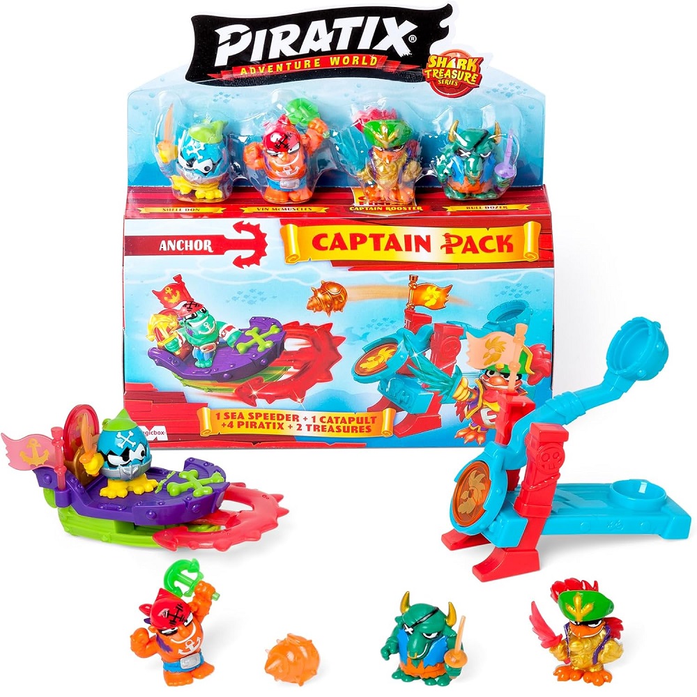 Magic Box Piratix Shark Treasure Captain Pack, zabawki nino Bochnia, pomysł na prezent dla 4 latka, piratix zestaw 4 figurek pojazd i katapulta