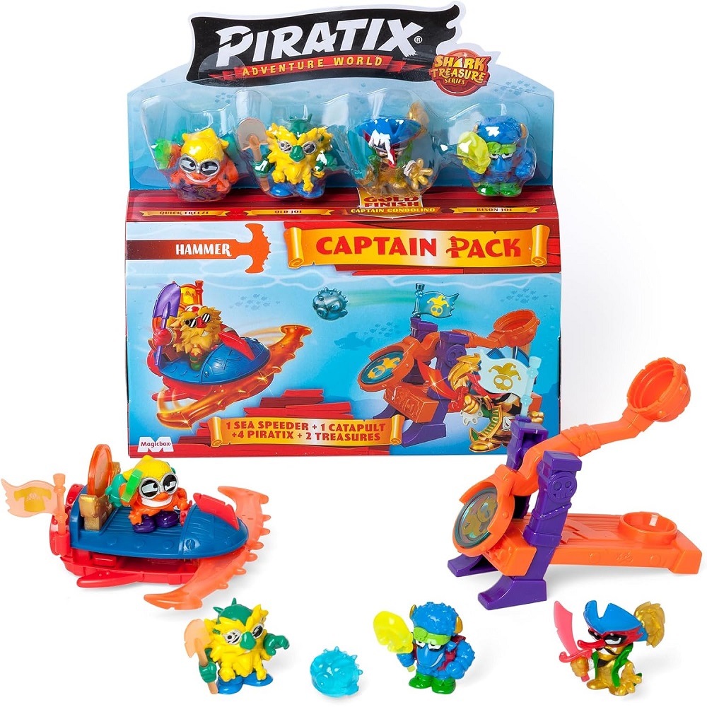 Magic Box Piratix Shark Treasure Captain Pack, zabawki nino Bochnia, pomysł na prezent dla 4 latka, piratix zestaw 4 figurek pojazd i katapulta